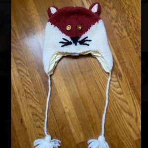 Cute Fox Beanie with ear flaps & pompoms